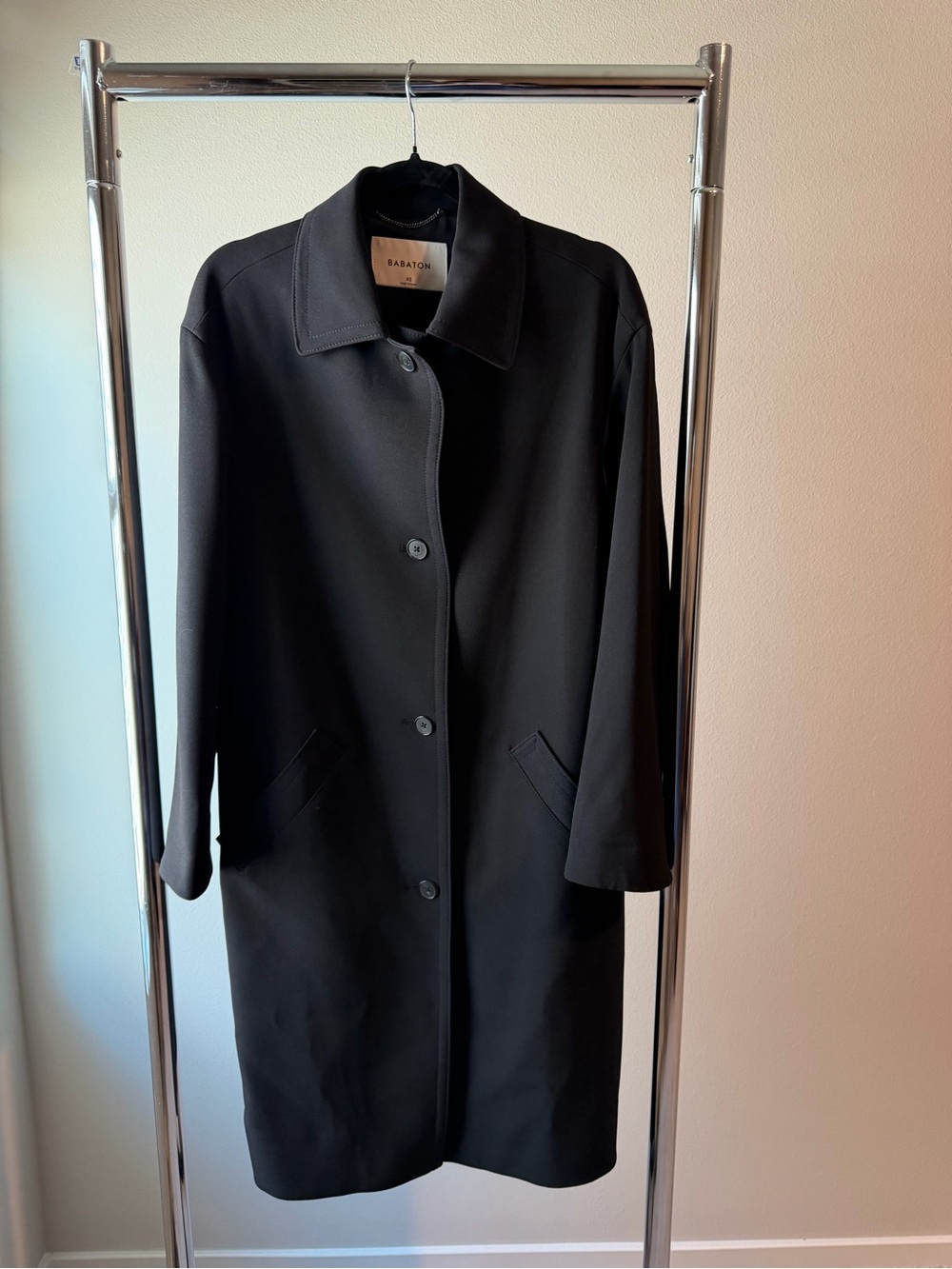 Aritzia Babaton Size XS Preston Long Line Coat in Black Tech-Crepe Fabric GUC